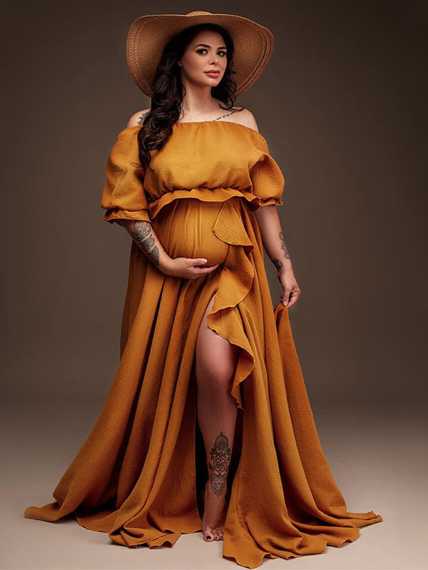 fotobeyou Solid Color Off Shoulder Backless Ruffle Crop Side Slit 2-in-1 Photoshoot Maternity Maxi Dress
