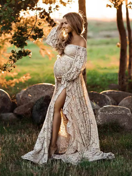 fotobeyou Boho Lace Off Shoulder Lace Tassel Crop 2-in-1 Side Slit Ruffle Photoshoot Maternity Maxi Dress