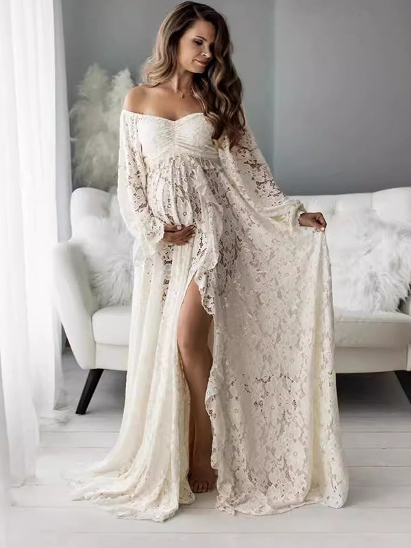 fotobeyou Boho Lace Off Shoulder Lace Tassel Crop 2-in-1 Side Slit Ruffle Photoshoot Maternity Maxi Dress