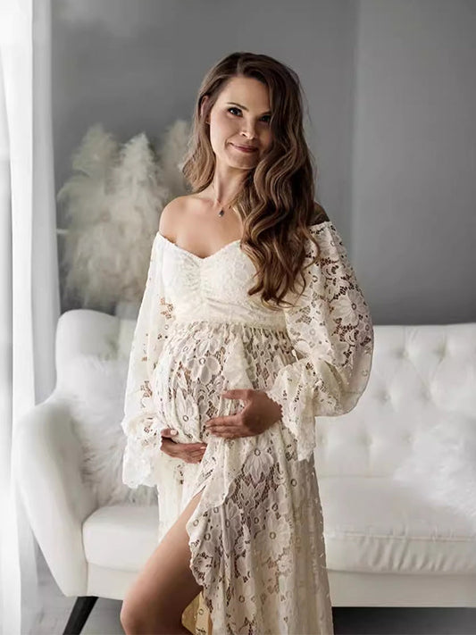 fotobeyou Boho Lace Off Shoulder Lace Tassel Crop 2-in-1 Side Slit Ruffle Photoshoot Maternity Maxi Dress