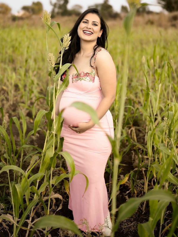 fotobeyou Solid Color Appliques Spaghetti Strap Drawstring Bodycon Mermaid Bandage Party Dress Photoshoot Maternity Maxi Dress