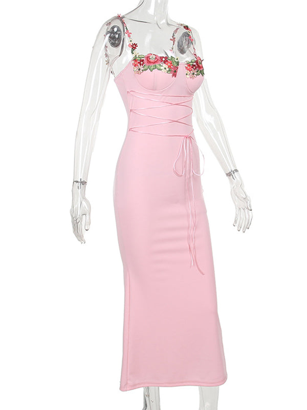 fotobeyou Solid Color Appliques Spaghetti Strap Drawstring Bodycon Mermaid Bandage Party Dress Photoshoot Maternity Maxi Dress