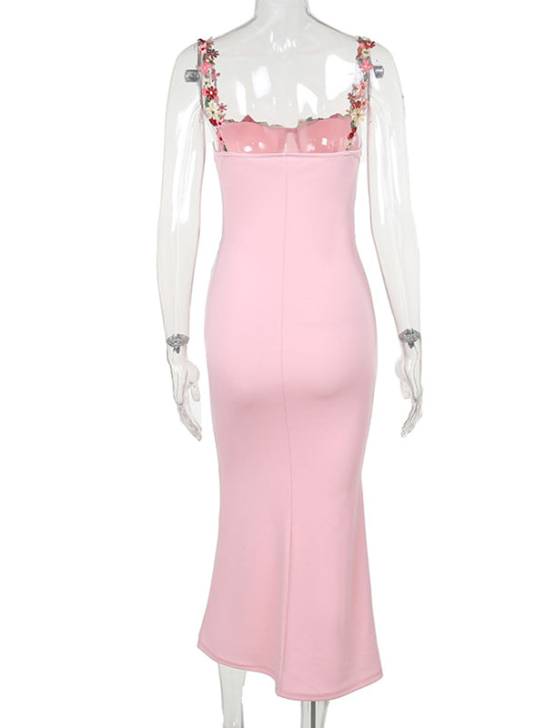 fotobeyou Solid Color Appliques Spaghetti Strap Drawstring Bodycon Mermaid Bandage Party Dress Photoshoot Maternity Maxi Dress