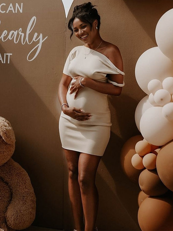 fotobeyou Apricot Irregular Neck Asymmetric Shoulder Bandage Party Dress Bodycon Baby Shower Maternity Mini Dress