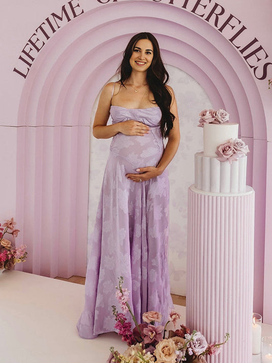fotobeyou Violet Spaghetti Strap Backless Tie Back Big Swing Drawstring Baby Shower Maternity Maxi Dress