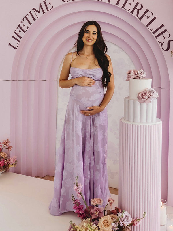 fotobeyou Violet Spaghetti Strap Backless Tie Back Big Swing Drawstring Baby Shower Maternity Maxi Dress