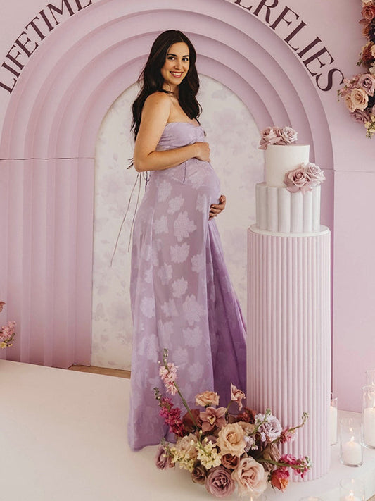 fotobeyou Violet Spaghetti Strap Backless Tie Back Big Swing Drawstring Baby Shower Maternity Maxi Dress