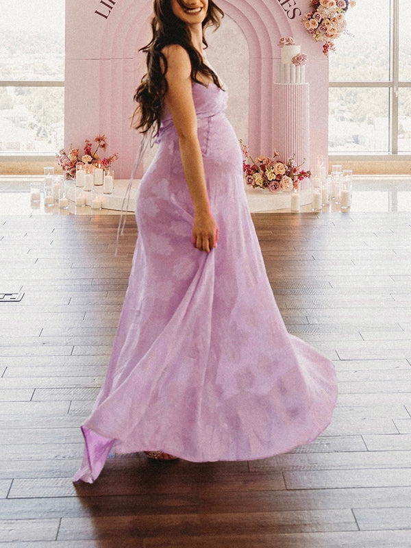 fotobeyou Violet Spaghetti Strap Backless Tie Back Big Swing Drawstring Baby Shower Maternity Maxi Dress