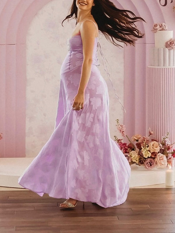 fotobeyou Violet Spaghetti Strap Backless Tie Back Big Swing Drawstring Baby Shower Maternity Maxi Dress