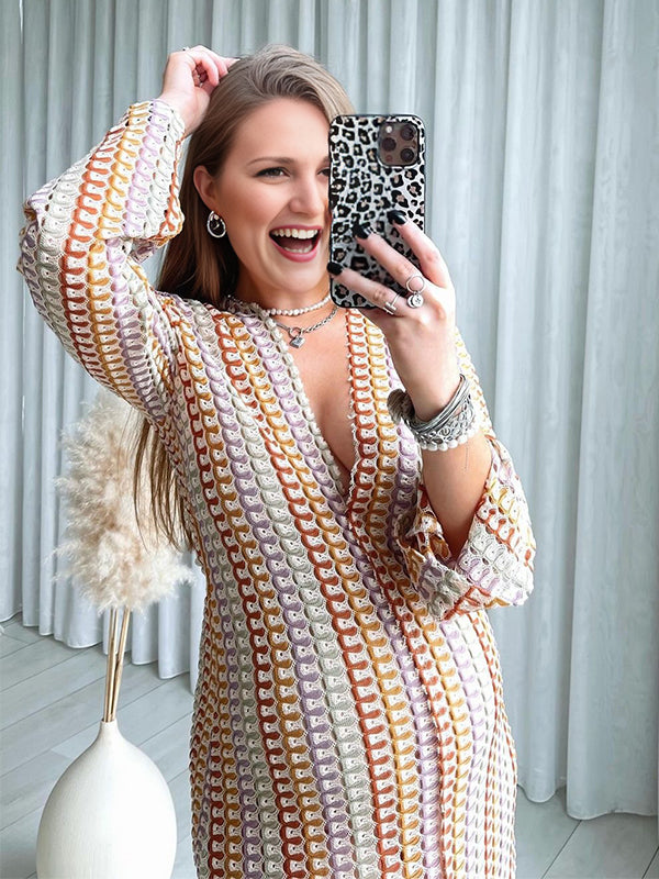 fotobeyou Hollow Lace V-Neck Bodycon Flare Sleeve Hit Color Colorful Bodycon Vacation Gown Photoshoot Maternity Maxi Dress