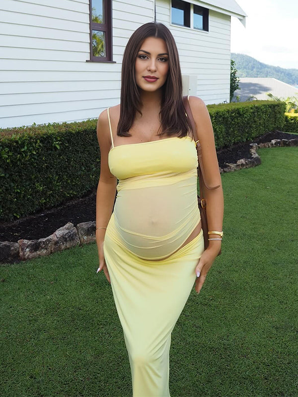 fotobeyou Yellow 2-in-1 Sheer Mermaid Bodycon Fashion Vacation Party Photoshoot Baby Shower Maternity Maxi Dress