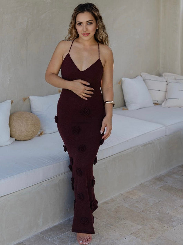 fotobeyou Brown Halter Neck Backless 3D Flowers Crochet Mermaid Bodycon Elegant Photoshoot Baby Shower Maternity Maxi Dress