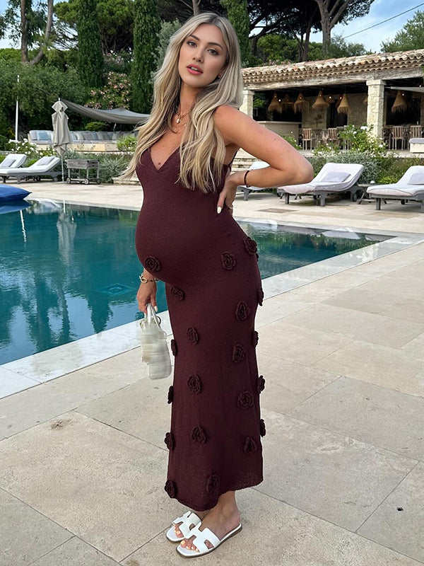 fotobeyou Brown Halter Neck Backless 3D Flowers Crochet Mermaid Bodycon Elegant Photoshoot Baby Shower Maternity Maxi Dress