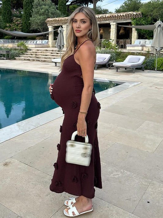 fotobeyou Brown Halter Neck Backless 3D Flowers Crochet Mermaid Bodycon Elegant Photoshoot Baby Shower Maternity Maxi Dress