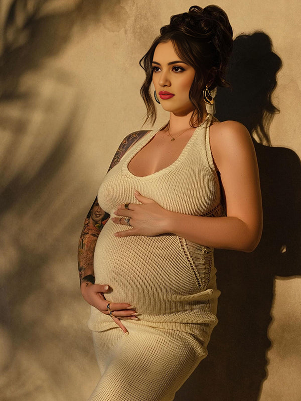 fotobeyou Apricot Crochet Hollow Out Halter Neck Backless Bodycon Chic Baby Moon Beach Maternity Photoshoot Baby Shower Maxi Dress