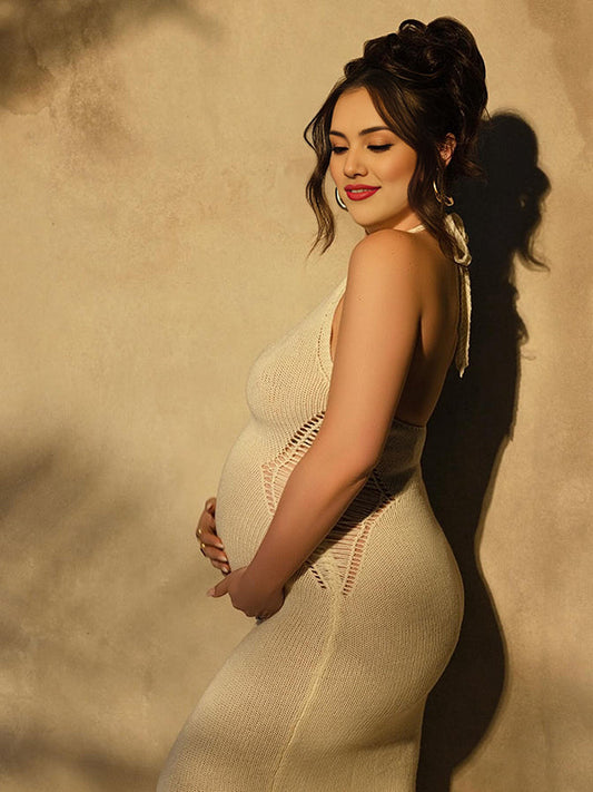 fotobeyou Apricot Crochet Hollow Out Halter Neck Backless Bodycon Chic Baby Moon Beach Maternity Photoshoot Baby Shower Maxi Dress