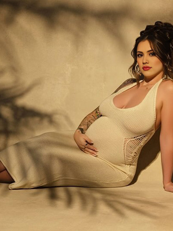 fotobeyou Apricot Crochet Hollow Out Halter Neck Backless Bodycon Chic Baby Moon Beach Maternity Photoshoot Baby Shower Maxi Dress