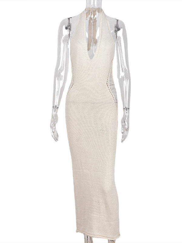 fotobeyou Apricot Crochet Hollow Out Halter Neck Backless Bodycon Chic Baby Moon Beach Maternity Photoshoot Baby Shower Maxi Dress