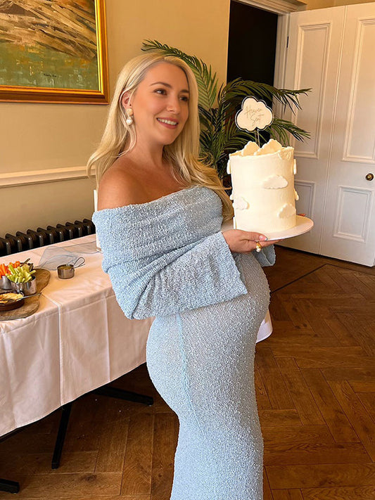 fotobeyou Blue Knitted Off Shoulder Bodycon Crochet Flare Sleeve Elegant Baby Moon Beach Vacation Maternity Photoshoot Baby Shower Maxi Dress