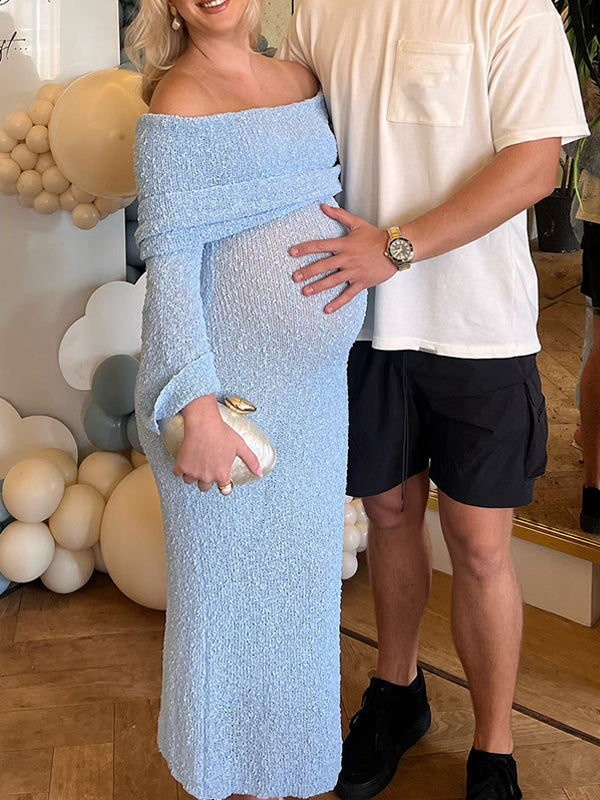 fotobeyou Blue Knitted Off Shoulder Bodycon Crochet Flare Sleeve Elegant Maternity Gender Reveal Maxi Dress