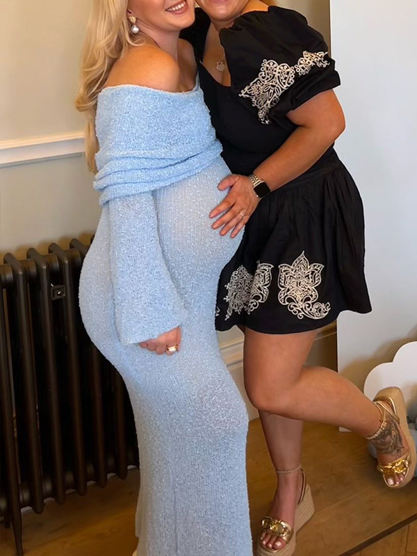 fotobeyou Blue Knitted Off Shoulder Bodycon Crochet Flare Sleeve Elegant Maternity Gender Reveal Maxi Dress