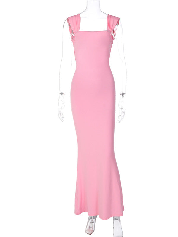 fotobeyou Pink Spaghetti Strap Backless Tie Back Bandage Mermaid Bodycon Elegant Baby Shower Maternity Maxi Dress