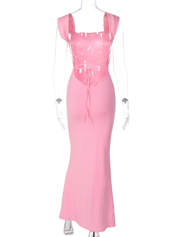 fotobeyou Pink Spaghetti Strap Backless Tie Back Bandage Mermaid Bodycon Elegant Baby Shower Maternity Maxi Dress