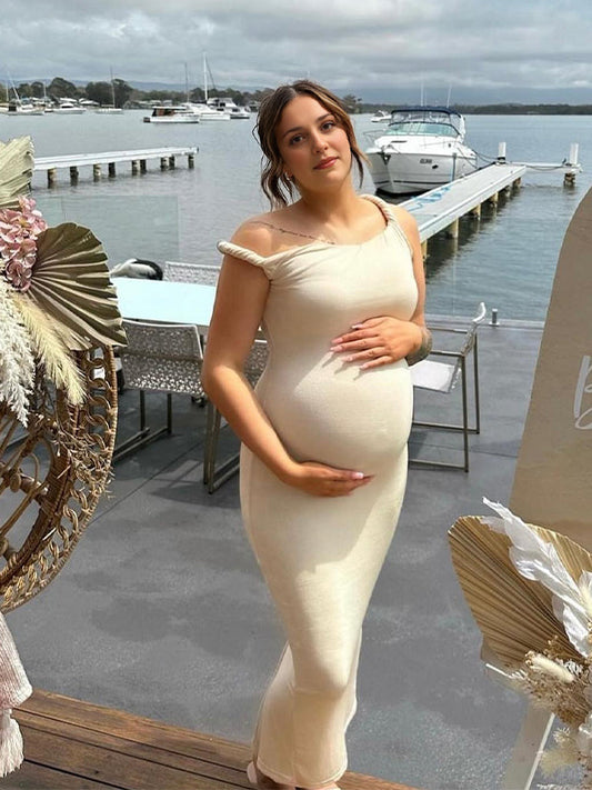 fotobeyou Apricot Irregular Side Slit Asymmetric Shoulder Bodycon Elegant Babyshower Dress Photoshoot Maternity Maxi Dress