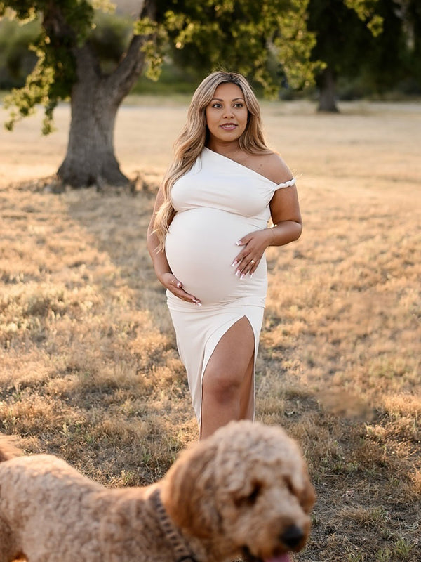 fotobeyou Apricot Irregular Side Slit Asymmetric Shoulder Bodycon Elegant Babyshower Dress Photoshoot Maternity Maxi Dress
