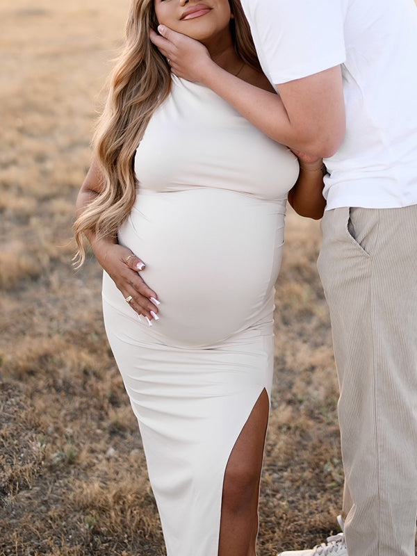 fotobeyou Apricot Irregular Side Slit Asymmetric Shoulder Bodycon Elegant Babyshower Dress Photoshoot Maternity Maxi Dress