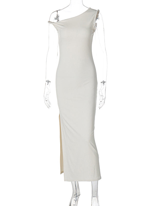 fotobeyou Apricot Irregular Side Slit Asymmetric Shoulder Bodycon Elegant Babyshower Dress Photoshoot Maternity Maxi Dress