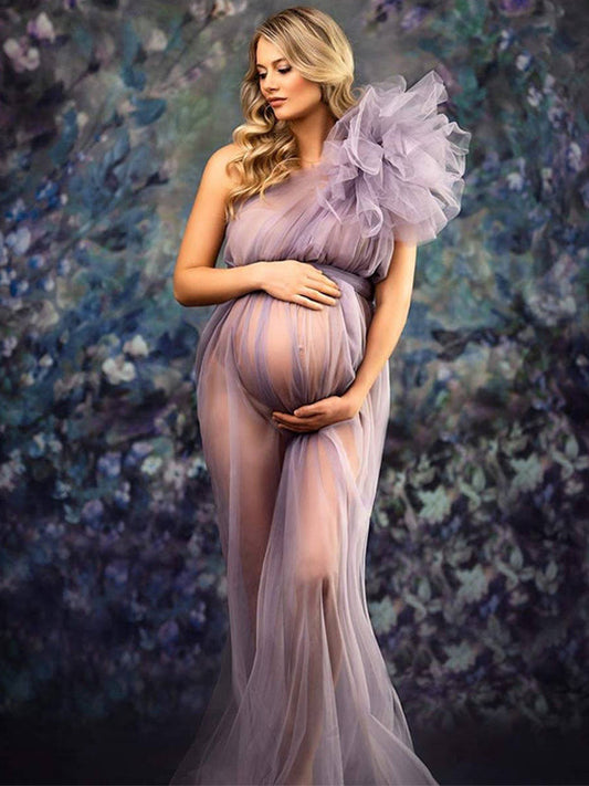 fotobeyou Solid Color Tulle Tutu One Shoulder Robe Mesh Ruffle Sheer Sashes Grenadine Photoshoot Maxi Dress