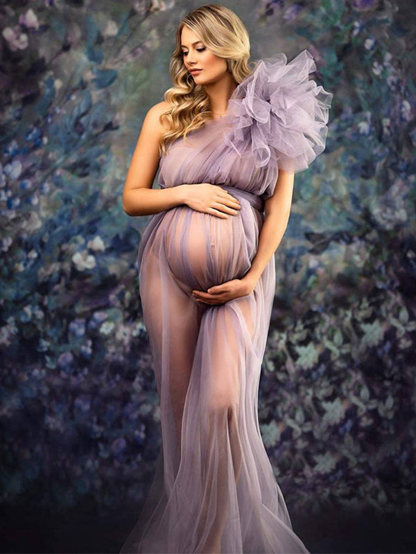 fotobeyou Solid Color Tulle Tutu One Shoulder Robe Mesh Ruffle Sheer Sashes Grenadine Photoshoot Maxi Dress