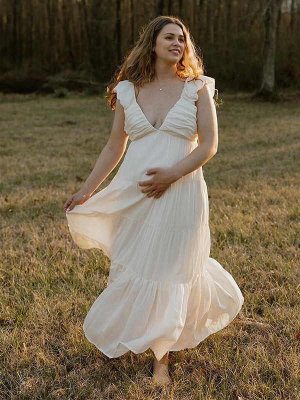 fotobeyou Solid Color Ruffle Backless High Waist V-Neck Vacation Gown Photoshoot Maternity Maxi Dress