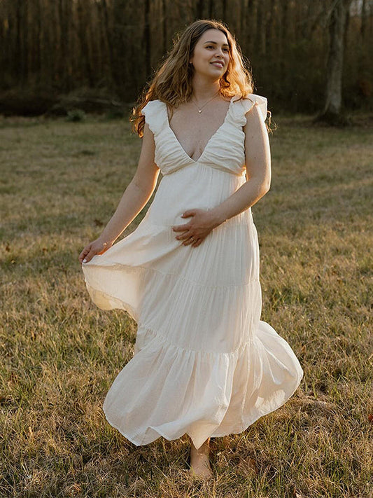 fotobeyou Solid Color Ruffle Backless High Waist V-Neck Vacation Gown Photoshoot Maternity Maxi Dress