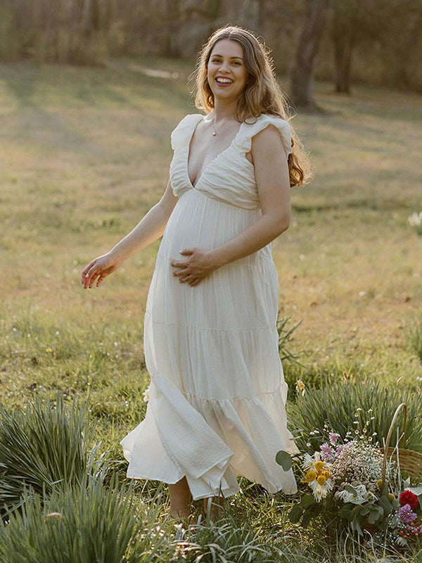 fotobeyou Solid Color Ruffle Backless High Waist V-Neck Vacation Gown Photoshoot Maternity Maxi Dress