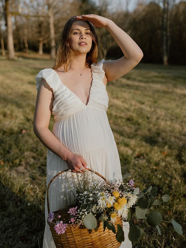 fotobeyou Solid Color Ruffle Backless High Waist V-Neck Vacation Gown Photoshoot Maternity Maxi Dress