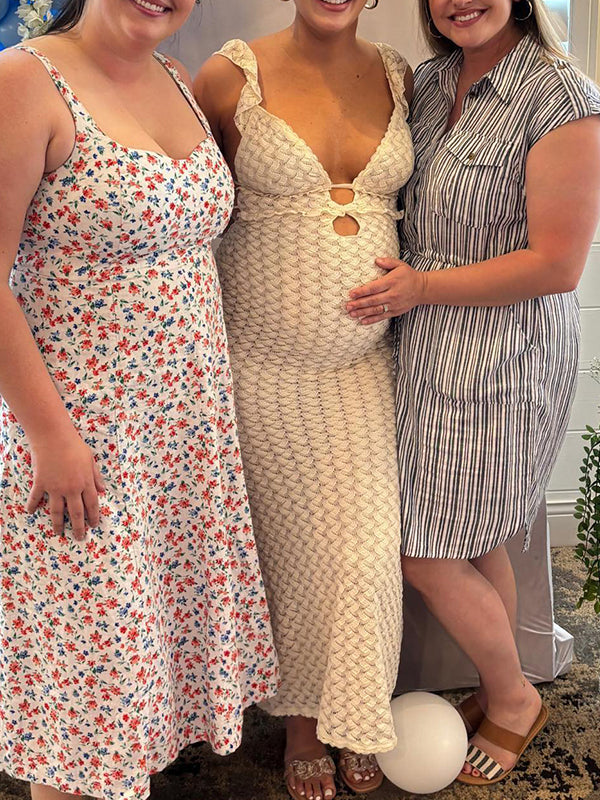 fotobeyou Apricot Cut Out Knitwear Ruffle Backless Tie Back Cocktail Party Gown V-Neck Mermaid Bodycon Elegant Babyshower Dress Photoshoot Maternity Maxi Dress