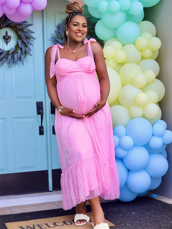 fotobeyou Solid Color Tulle Spaghetti Strap Backless Ruffle Lace-up Grenadine Photoshoot Gown Baby Shower Maternity Maxi Dress