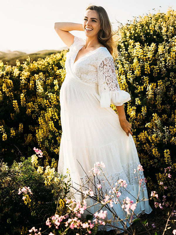 fotobeyou Solid Color Lace Splicing Chiffon High Waist V-Neck Ruffle High Waist Elegant Photoshoot Maternity Maxi Dress