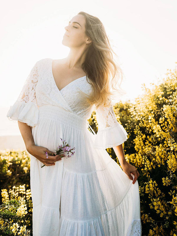 fotobeyou Solid Color Lace Splicing Chiffon High Waist V-Neck Ruffle High Waist Elegant Photoshoot Maternity Maxi Dress