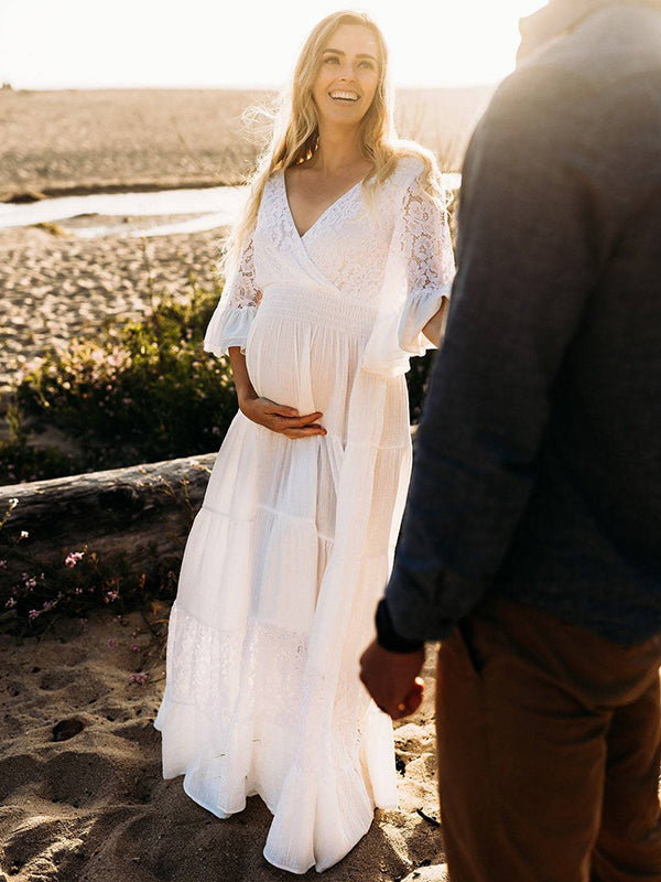 fotobeyou Solid Color Lace Splicing Chiffon High Waist V-Neck Ruffle High Waist Elegant Photoshoot Maternity Maxi Dress