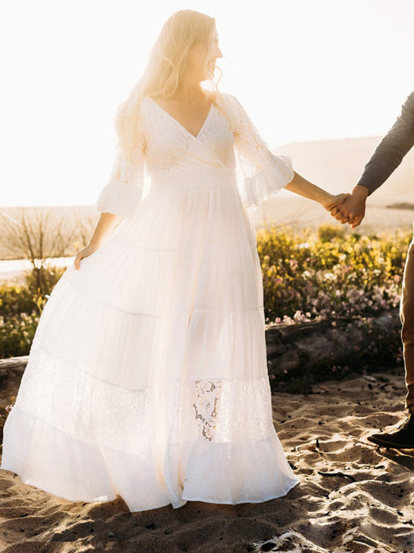 fotobeyou Solid Color Lace Splicing Chiffon High Waist V-Neck Ruffle High Waist Elegant Photoshoot Maternity Maxi Dress