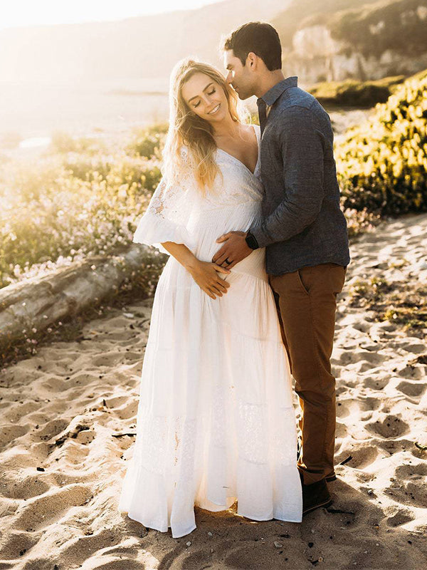 fotobeyou Solid Color Lace Splicing Chiffon High Waist V-Neck Ruffle High Waist Elegant Photoshoot Maternity Maxi Dress