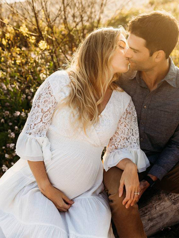 fotobeyou Solid Color Lace Splicing Chiffon High Waist V-Neck Ruffle High Waist Elegant Photoshoot Maternity Maxi Dress