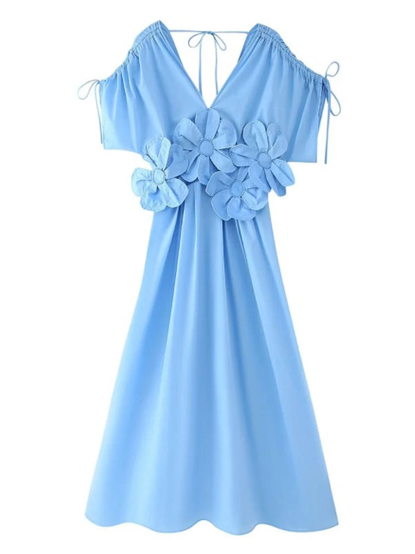fotobeyou Blue 3D Flowers Fleated Drawstring Big Swing Deep V-neck Elegant Holiday Vacation Maternity Photoshoot Baby Shower Maxi Dress