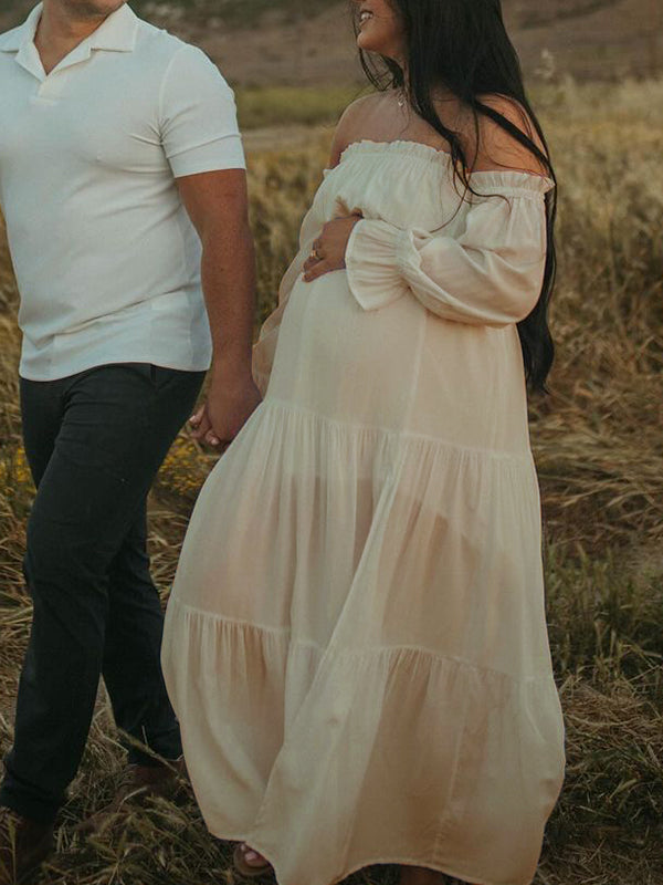 fotobeyou Flowy Off Shoulder Ruffle Falbala Side Slit Big Swing Lantern Sleeve Elegant Holiday Vacation Boho Maternity Photoshoot Baby Shower Maxi Dress
