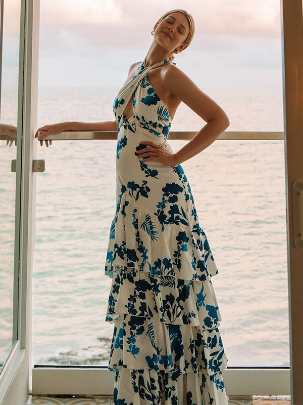 fotobeyou Blue Floral Cake Ruffle Tie Flowy Halter Neck Elegant Vacation Photoshoot Baby Shower Maternity Maxi Dress