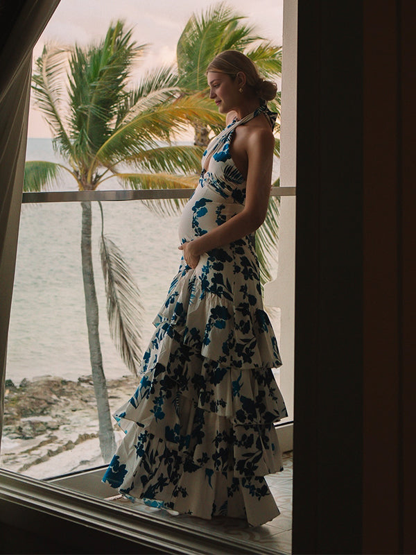 fotobeyou Blue Floral Cake Ruffle Tie Flowy Halter Neck Elegant Vacation Photoshoot Baby Shower Maternity Maxi Dress
