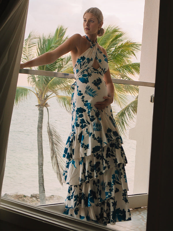 fotobeyou Blue Floral Cake Ruffle Tie Flowy Halter Neck Elegant Vacation Photoshoot Baby Shower Maternity Maxi Dress